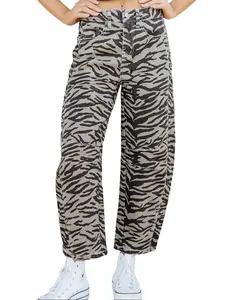 Zebra Print High Waisted Wide Leg Jeans Women Cropped Pants Western Style Statement Pockets