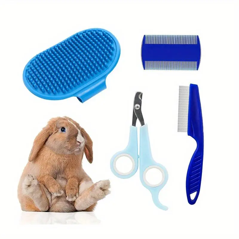 Rabbit Grooming Kit - Tear Stain Remover, Cleaning Combs, Pet Nail Clipper, Double-Sided Shampoo Bath Brush for Bunny Daily Care & Guinea Pig