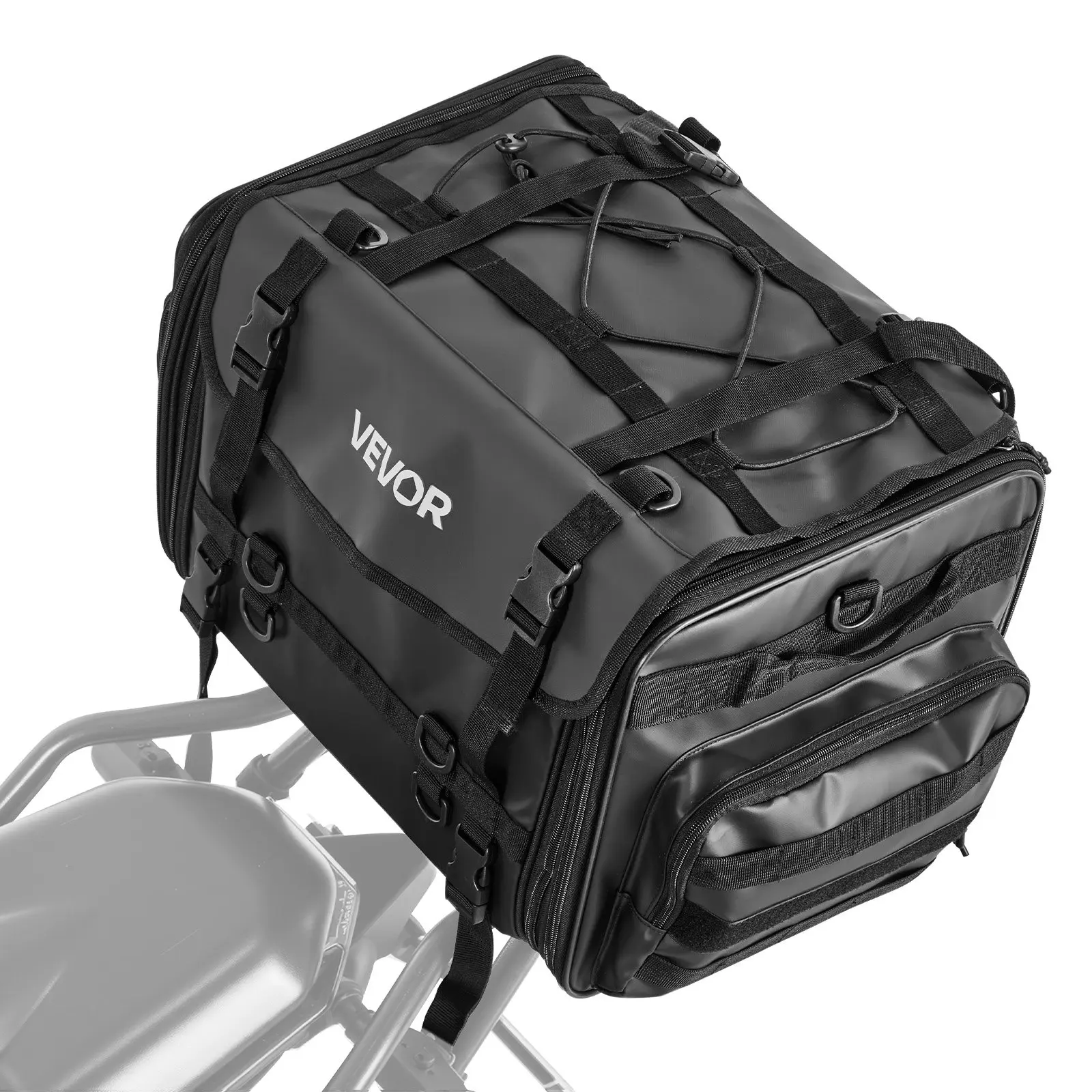 VEVOR Motorcycle Tail Bag, 40-60 L Expandable Motorcycle Rear Seat Bag with Waterproof Rain Cover, Foldable Outdoor Sports Motorbike Luggage Storage with Shoulder Straps, Pocket Elastic Cord, Black
