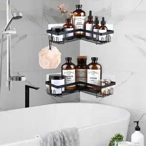 Corner Shower, with Soap Holder and 12, Rustproof Stainless Organizer, No Drilling Wall Mounted Rack, Black, 5-Pack
