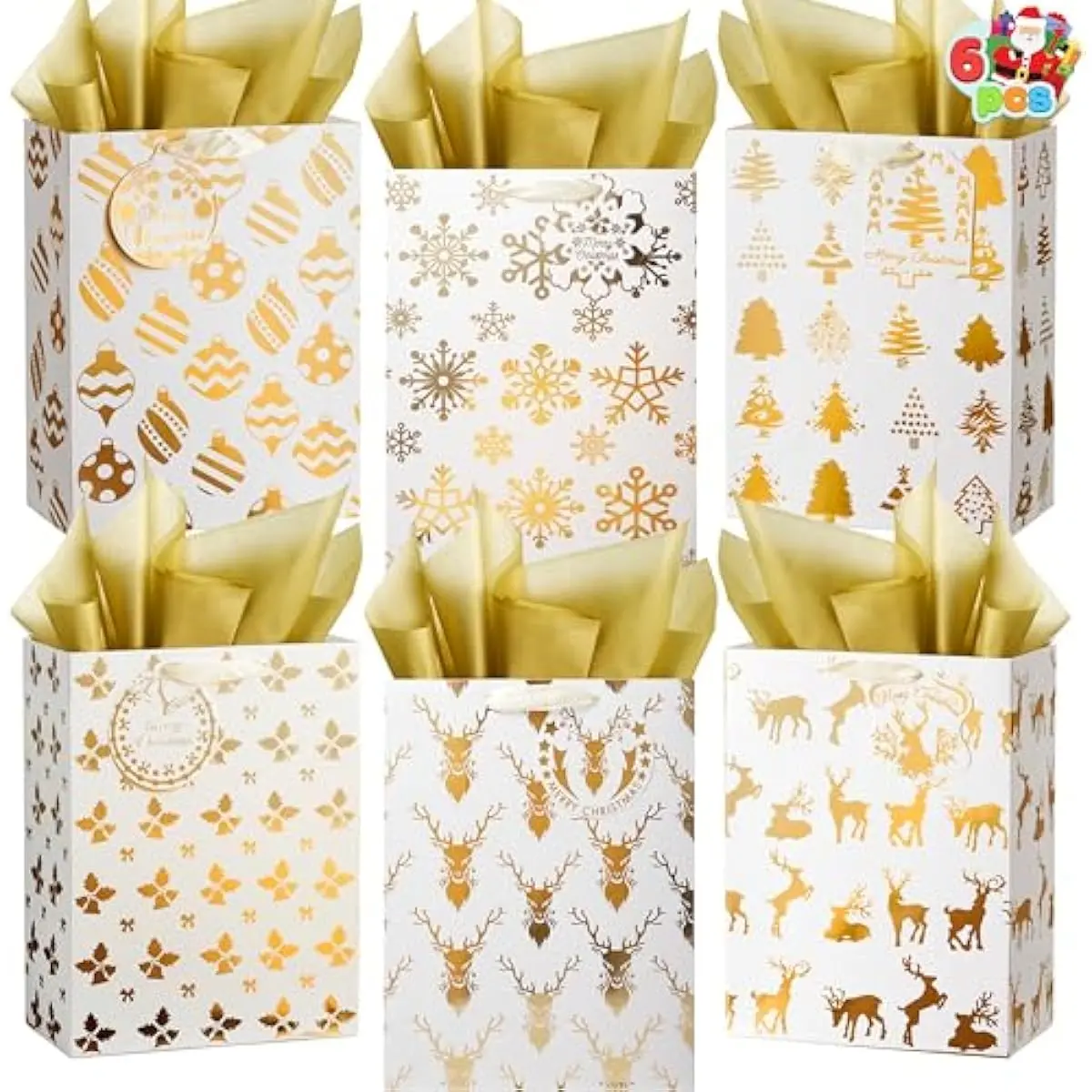 JOYIN 6 PCS Christmas Foil Gold Present Bags with Tissue Papers, 8" x4.5" x10.5" Xmas Holiday Paper Bags, 6 Winter Prints Designs for Gifts Party Supplies Decor, Xmas Goody Treat Candy Wrapping