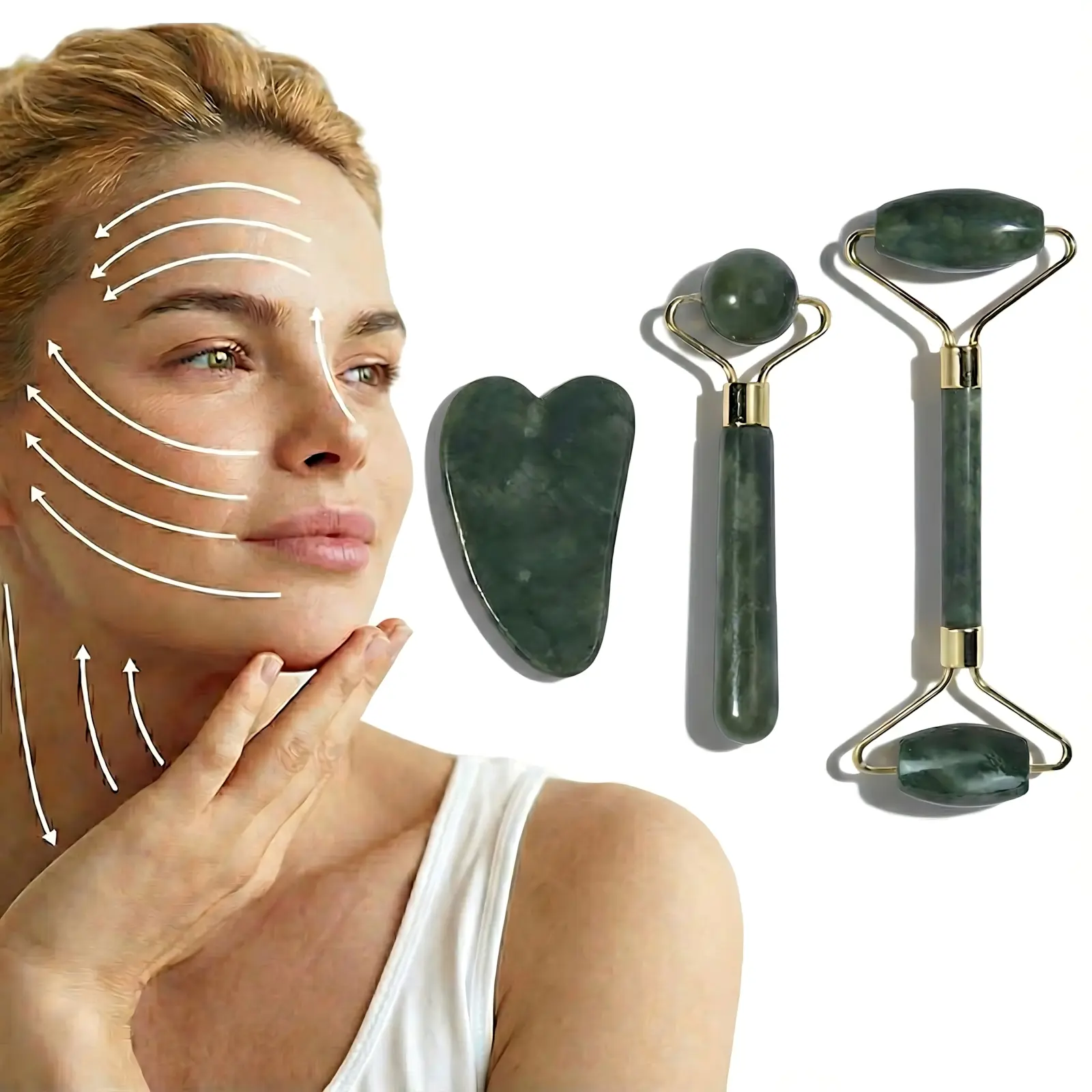 3PCS Jade Facial Roller & Gua Sha Set - Firming, Calming, Soothing Manual Massage Tools - Depuffing, Sculpting for Snatched Jawline, Lymphatic Drainage - Winter Skincare Routine, Self Care Gift, Roller Manual Massage Tools