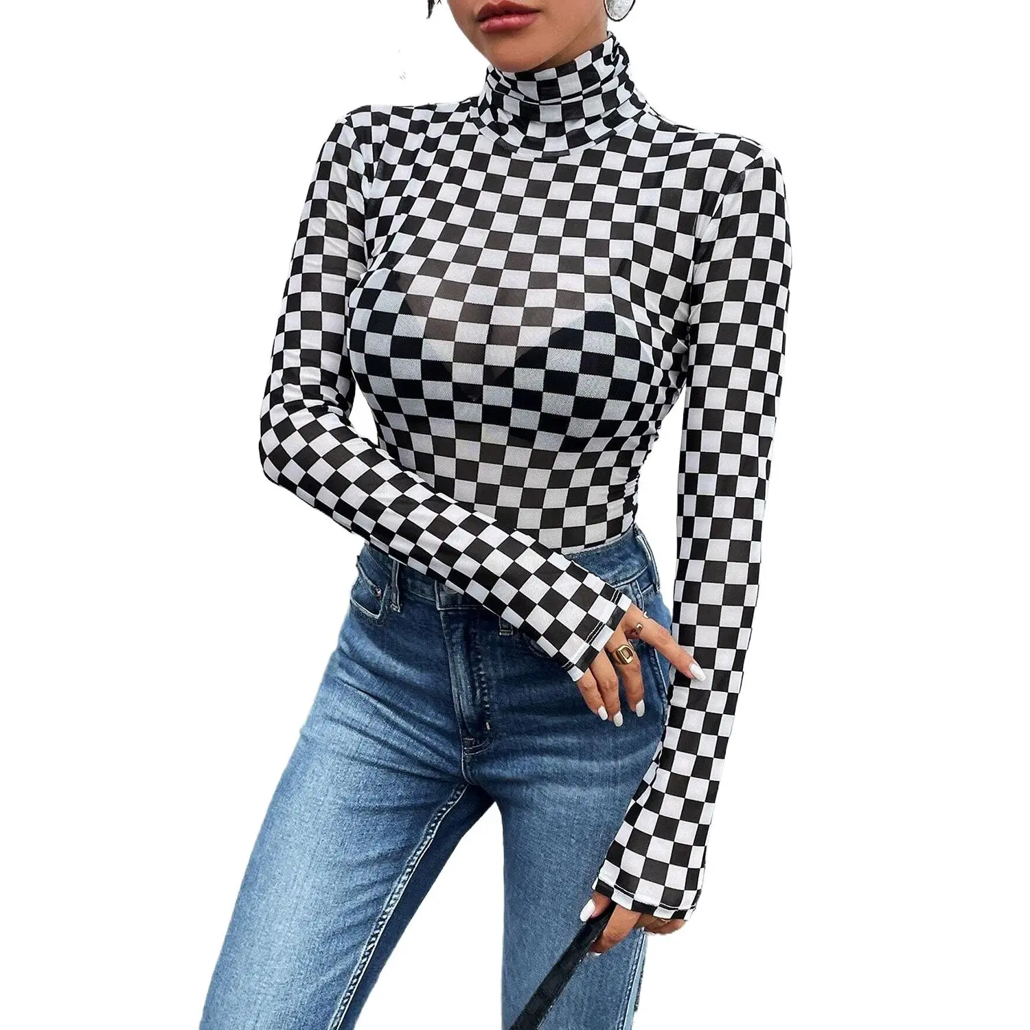 Women's Black Checkered High Neck Long Sleeve Bodysuit