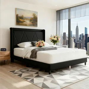 Modern Upholstered Platform Bed Frame with Headboard & USB Charging Station