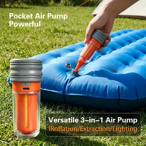 3-in-1 portable inflatable/vacuum pump for outdoor camping, LED light, suitable for vacuum compression bag inflatable sofa, inflatable cushion, air mattress, swimming ring, rechargeable battery, with 5 air nozzles, suitable for outdoor camping and travel