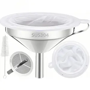 4 Pcs Funnel for Filling Bottles, 5 Inch Food Grade 18/8 Stainless Steel Kitchen Funnel with 200 Mesh Filter Strainer for Fryer Oil Grease Juice Milk Coffee
