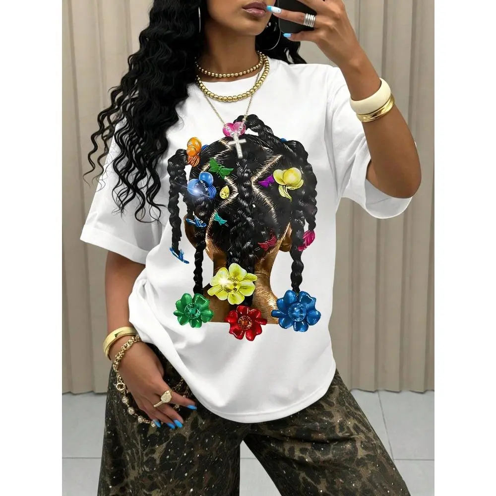 Lady's Casual American Girl Style Braided Print T-Shirt, Smooth Fabric Essential Women's Top