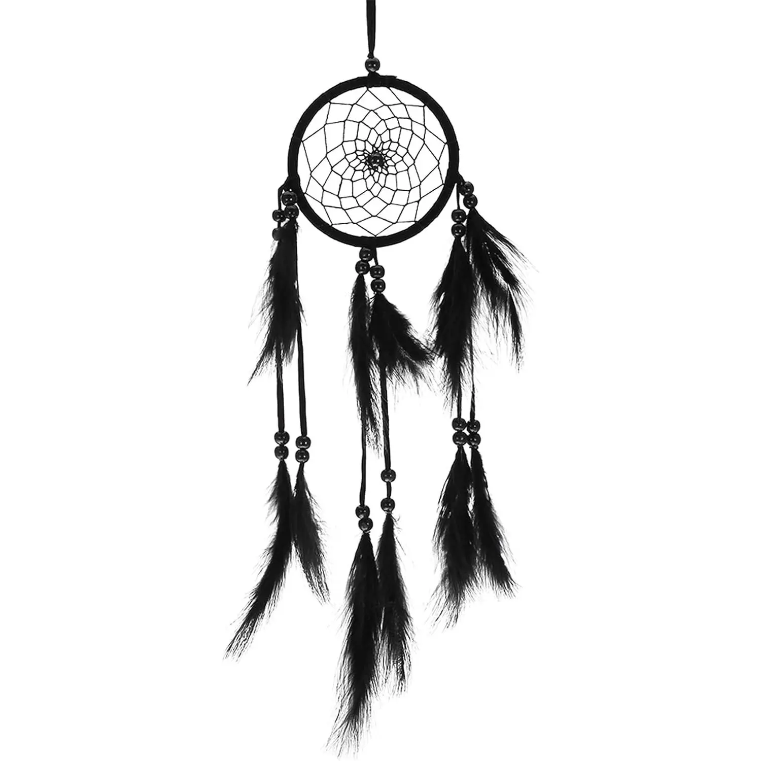 Handmade Feather Design Wooden Dream Catcher - Quality Painted Beads, No DIY Macrame Home Supplies, Gift for Home, Car Hanging Decor (Black)