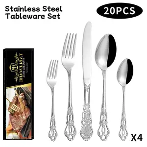 20PCS Stainless Steel Silverware Set, Crown Embossed Flatware, Mirror Polished Tableware Set & Tableware Kit, Dishwasher Safe Cutlery for Home, Hosting, Party & Dining Setup