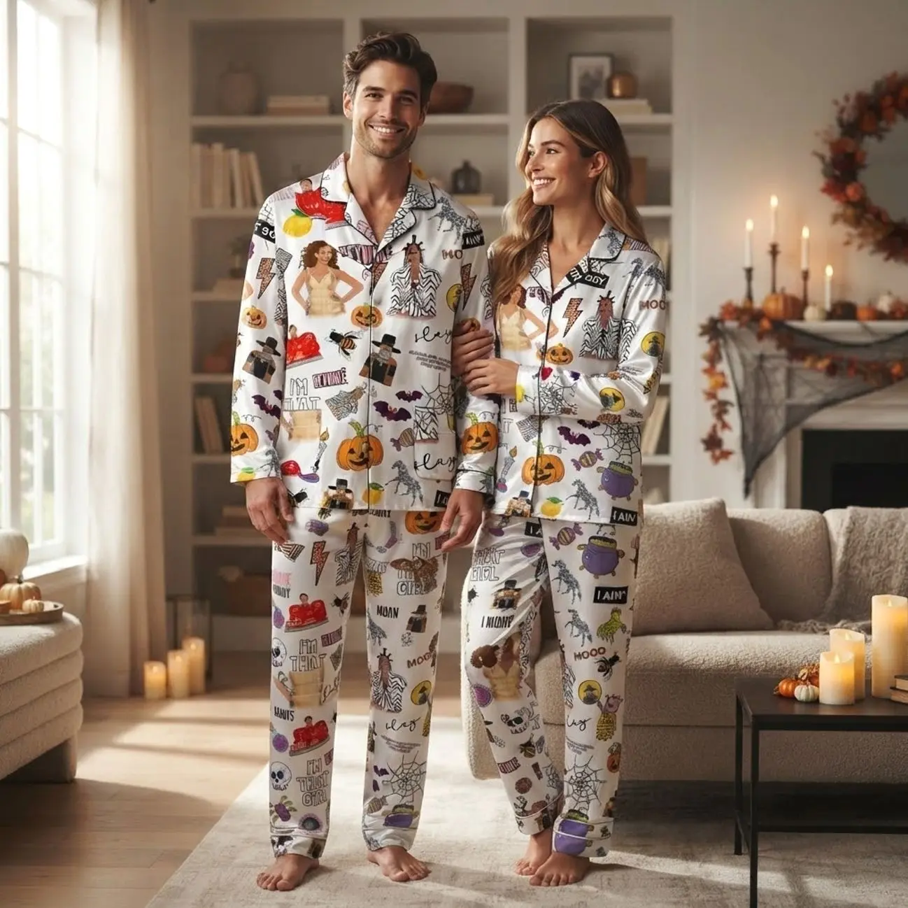 Matching Couples Pajamas Set Mariah Print Long Sleeve Satin PJS Sleepwear