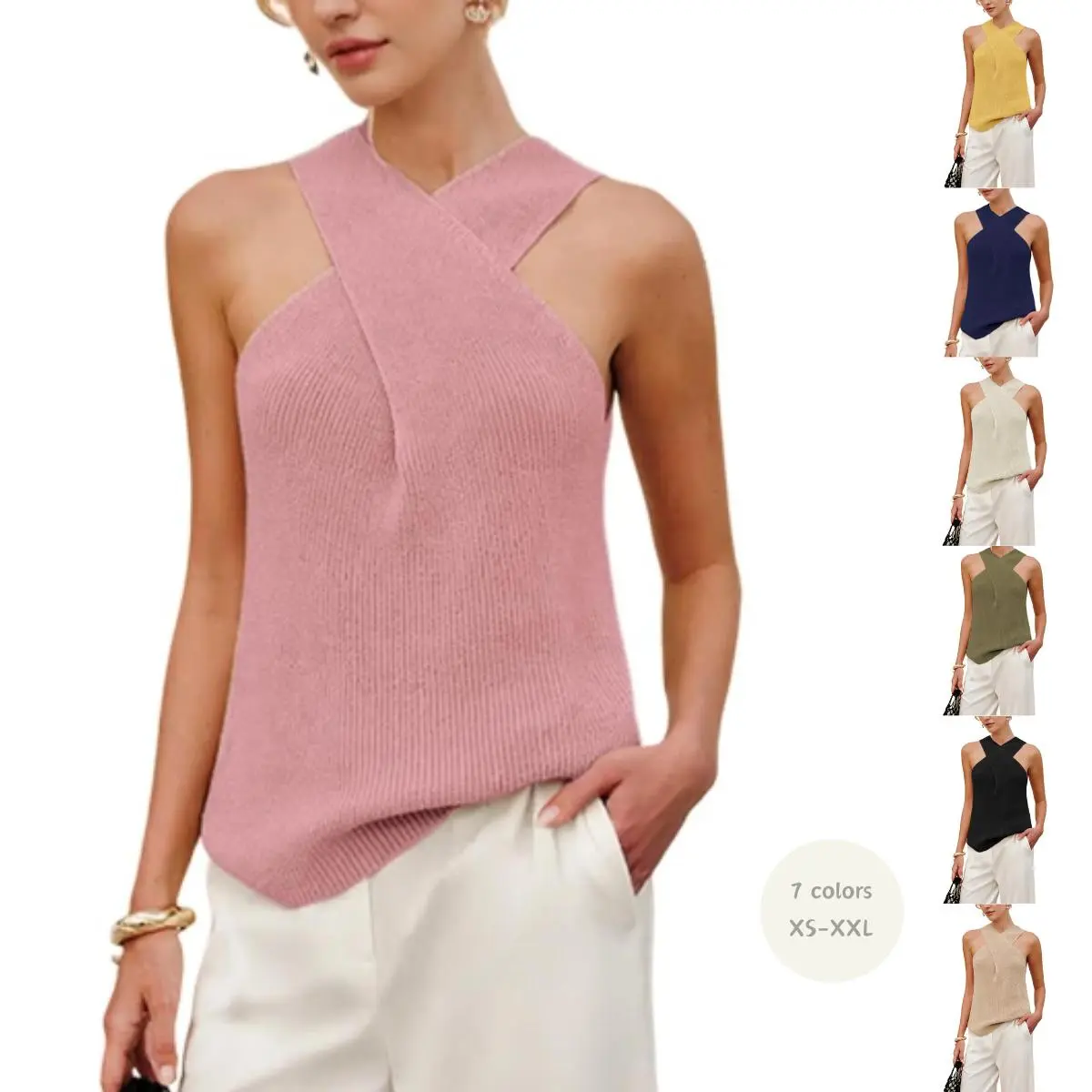 Yeokou Women's Halter Cross-Over Collar Sleeveless Knit Tank Top - Stretchy, Soft, Fitted, Solid Color, Minimalist Basic, Breathable Fabric, Casual Summer Halter Tops for Women, Women's Tops