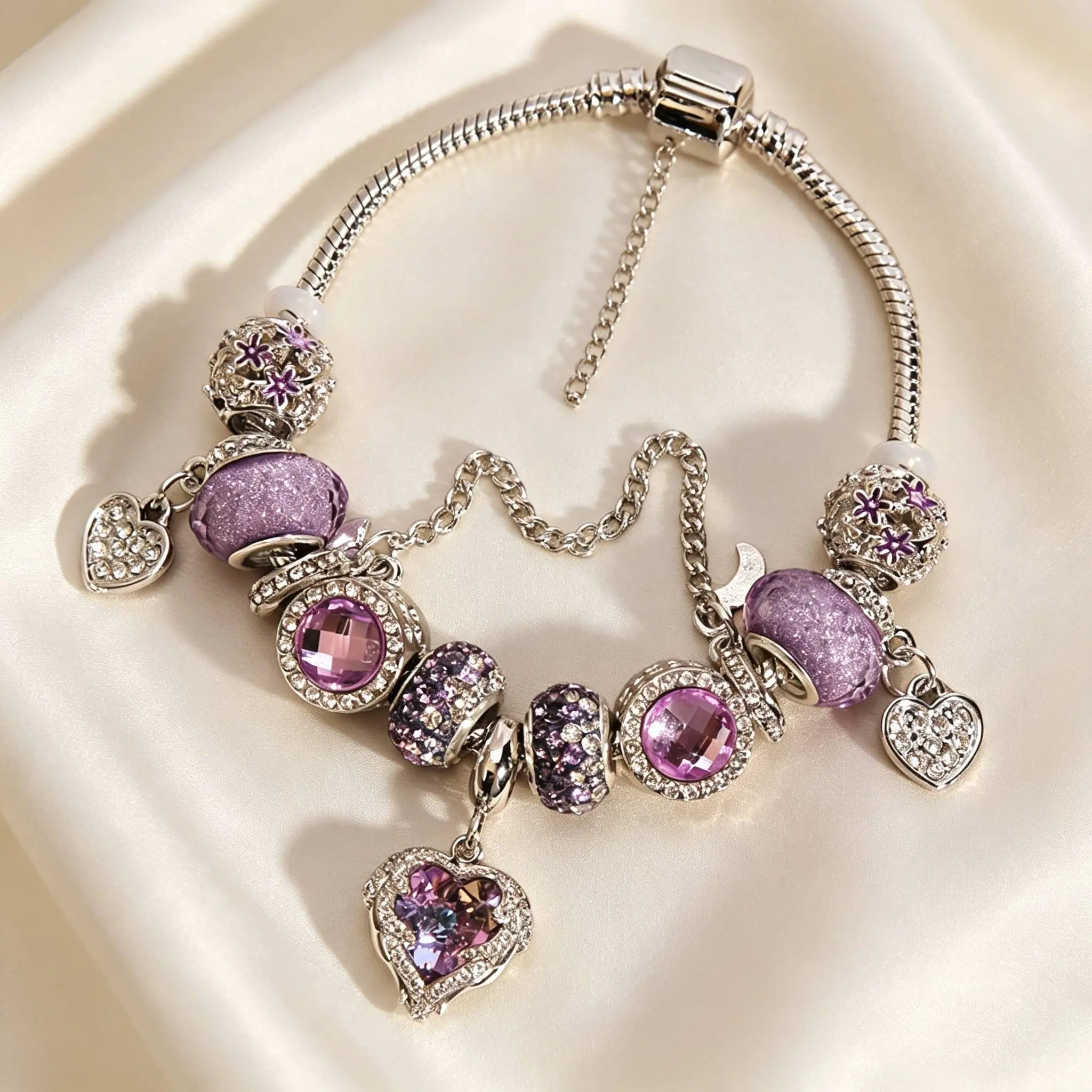 Elegant Purple Heart Charm Bracelet with Rhinestone Beads and Silver Tone Chain for Women's Fashion Jewelry