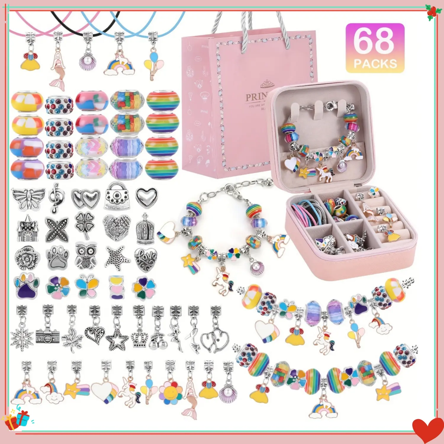 68Pcs Bead Mix Charm Bracelet Making Kit DIY Stackable Charm Jewelry Supplies Set with Colorful Beads Unicorn Mermaid Pendants Necklace & Bracelet for Women with Jewelry Box Idea Holiday DIY Birthday Family Party Gifts for Girls to Inspire Creativity Crys