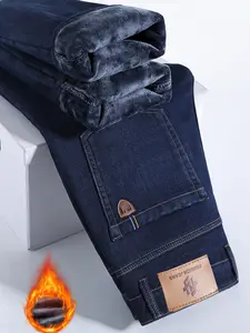 Men's Denim Jeans with Topstitching, Loose Straight Leg Long Pants, Stretch Fashion Pants for Fall & Winter