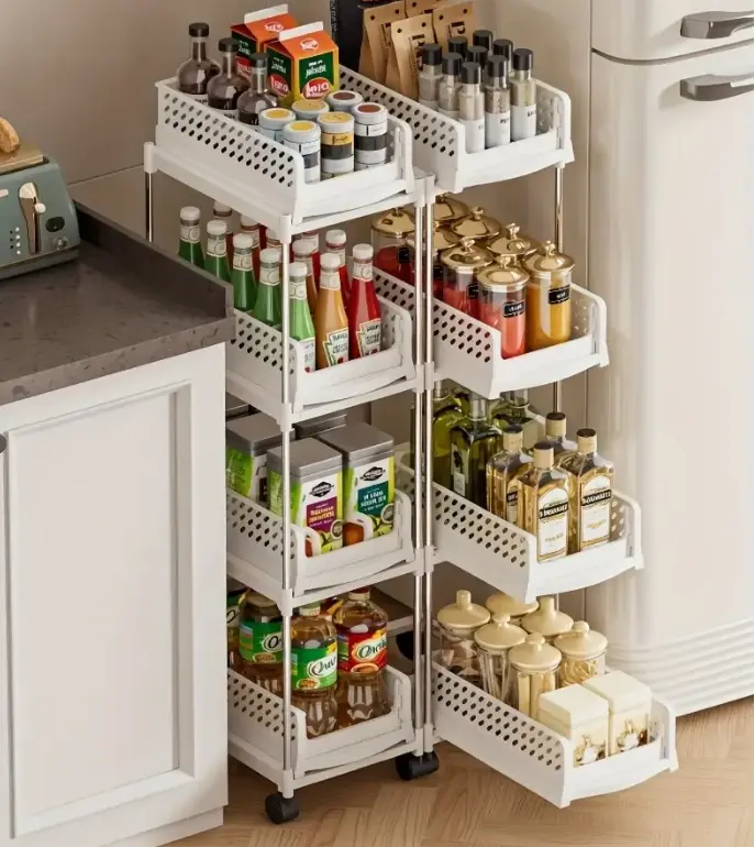 4-Layer White Slim Rectangle Metal Rolling Home Organizers Cabinet-Rack - 20 - 25 Kg Capacity, Space-Saving Slide-Out Tower with Durable Pull-Out Drawers, Smooth-Wheeling Mobility, Adjustable Standing Shelf for Kitchen, Balcony