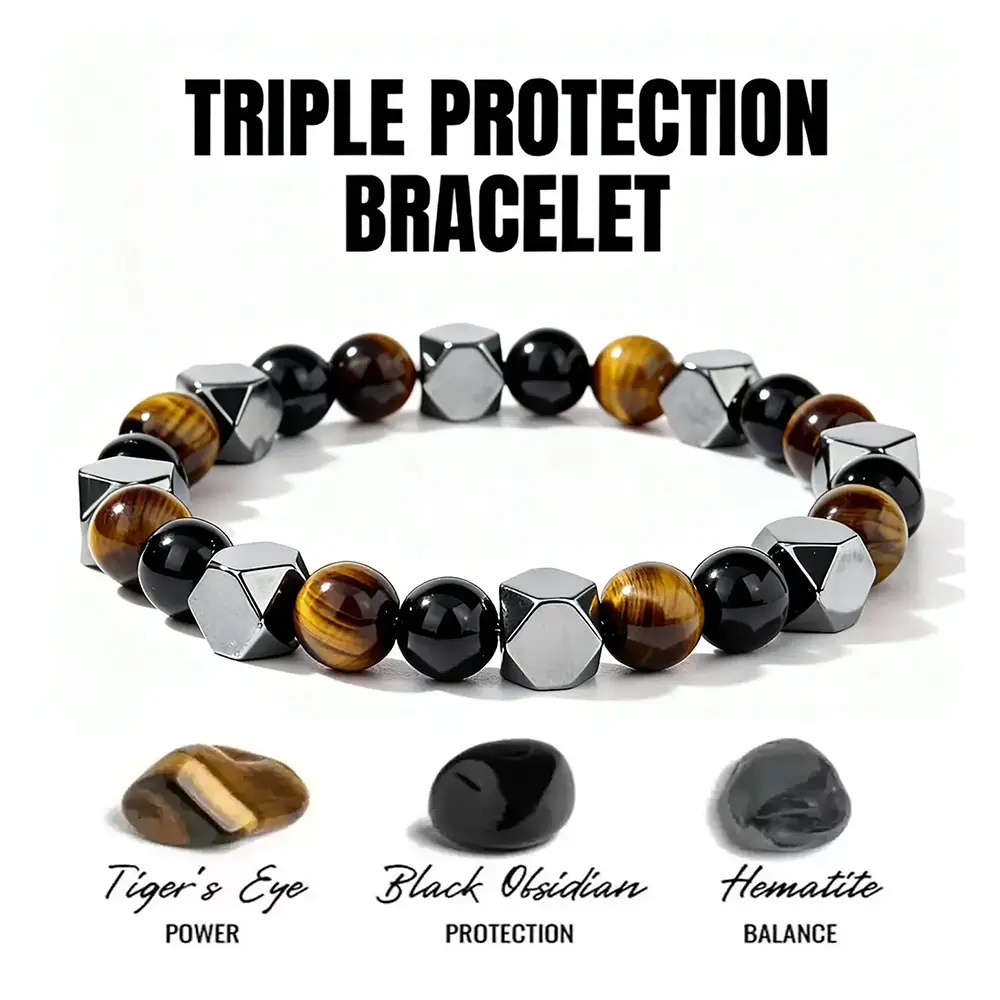 Petralune Men's Natural Obsidian Healing Crystal Bracelet - Male Daily Elegant Jewelry with Energy Vibration, Triple Protection, Lucky Charm, Hand-Selected Crystals for Gift Preparation Complete, Friends, Versatile