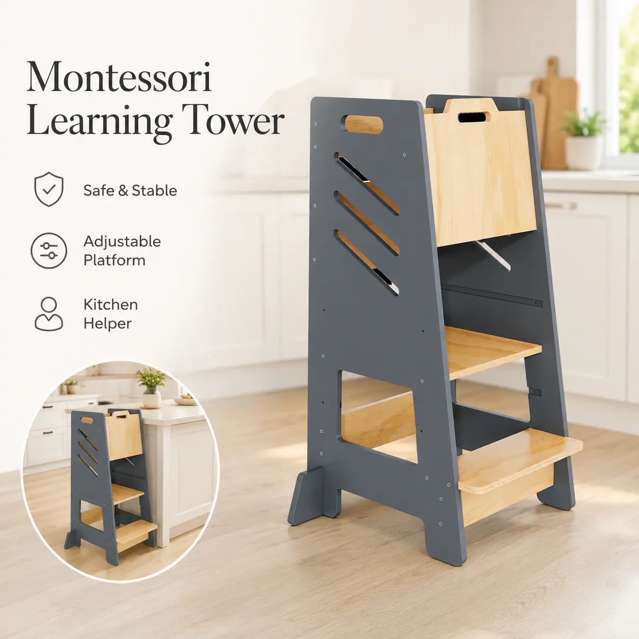 Kids' Montessori 3-Level Height-Adjustable Learning Tower - Ultra-Stable Base, Anti-Slip Pads, Flush Counter Height, Safe Multipurpose Furniture, Bathroom Stool, Assembly Required, Fit for Various Room Types (36.14in H x 17.83in W, Grey/Wood)