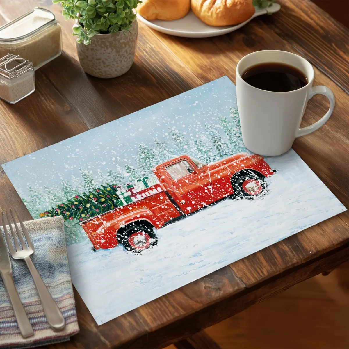 360 Stand Colorful Christmas Tree Truck Polyester Placemats - Festive Theme Tableware, Size 14×18", Set of 4 Holiday Home Decor