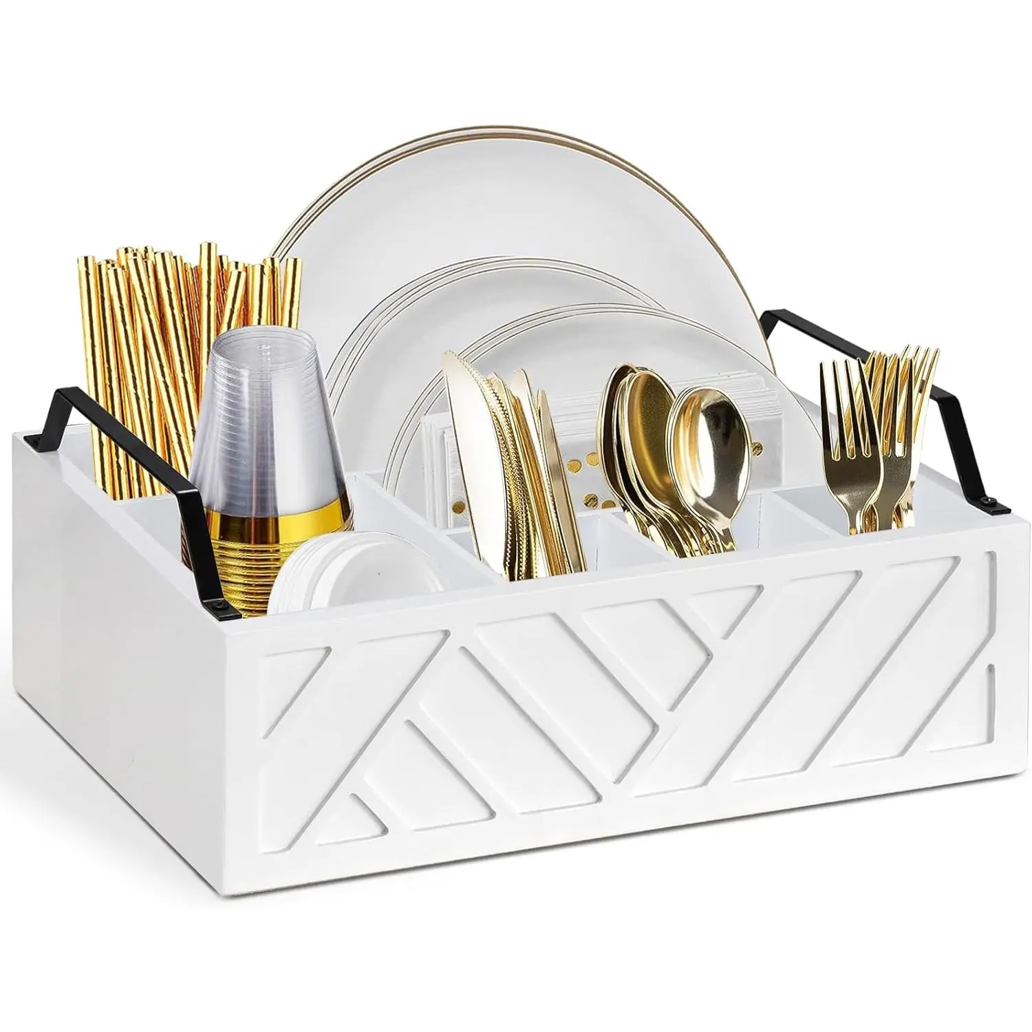 Paper Plate Dispenser and Holder for Kitchen Counter,  Rustic Silverware Utensil , Cutlery Flatware Organizer Box for Cups Spoons Forks Napkins, Kitchen Accessories (White)