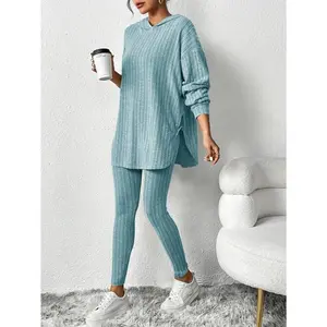 Women's Casual Textured Two-Piece Set, Long-Sleeved Hoodie and Leggings Suit, Womenswear