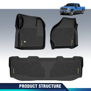 CROSSDESIGN TPE Floor Mats | Fits 1999-07 Ford F-250 F-350 Super Duty Crew Cab Fold Flat Storage | Front & 2nd Row, 3-pc Black Upgraded version