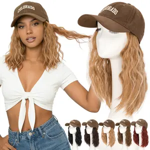 8 Inch Brown Baseball Cap With Hair Extensions BOB Synthetic Hair With Attached Brown Hat With Wavy Curly Hair Extensions For Women