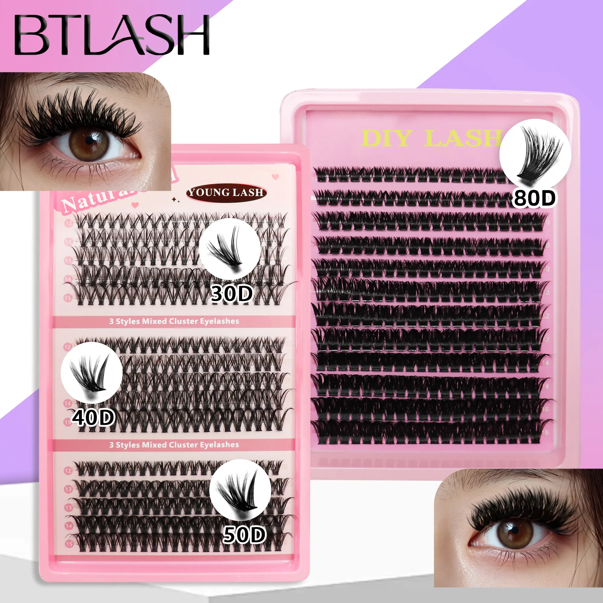 BTLASH 540pcs 8-16mm Mixed Length Natural Wispy Volume False Lashes For DIY Eyelash Extension 30D, 40D, 50D, 80D Mixed Cluster Eyelashes for Natural Look and Enhanced Volume