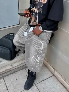 Embroidered Rhinestone Denim Jean Shorts, Letter Embroidery Casual High-Waisted Pants, Loose Fit American Street Style for All Seasons