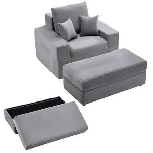 VEVOR Ergonomic Upholstered 44in Boneless Modular Chaise Lounge, Oversized Corduroy Reading Piece with Throw Pillows & Armrests, Deep Seat Sleeper for Living Room, Bedroom, Grey