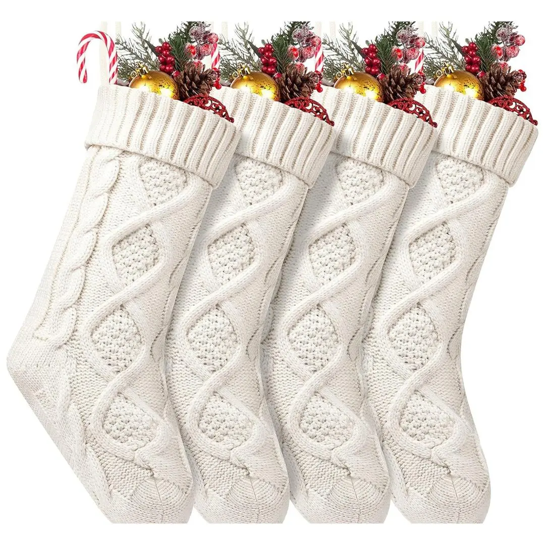 4 Pack Christmas Stockings 18 Inches Large Size Cable Knitted Stocking Gifts & Decorations for Family Holiday Xmas Party, Ivory White