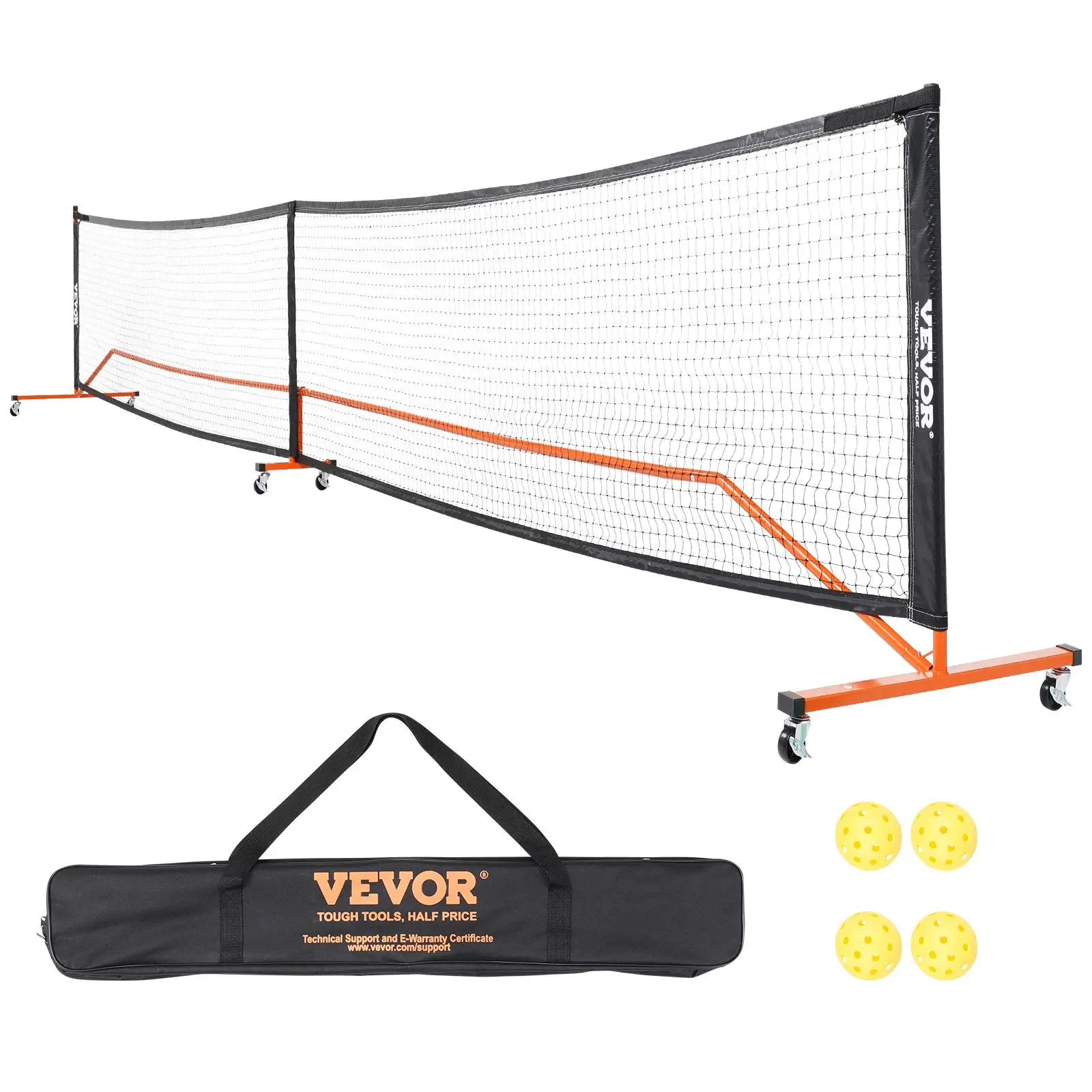 VEVOR 22ft Regulation Portable Pickleball Net Set - Weather-Resistant Steady Metal Frame, Strong PE Mesh Net, Velcro Strips, Balls + Bags, Wheels, Carrying Bag, for Kids Outdoor Play, Driveways, Sports Courts
