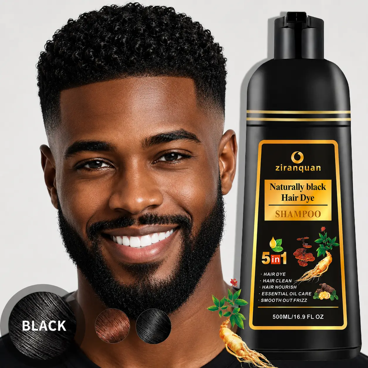 Instant Natural Black Hair Dye Shampoo 5-in-1 for Women & Men, 10-Min Magic Gray Coverage Shampoo, No-Mix Lazy Hair Color Shampoo, Ammonia-Free Herbal Hair Dyeing with Ginseng & He Shou Wu, Salon-Quality Color Depositing Shampoo & Conditioner, 16.9fl oz
