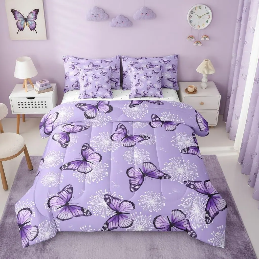 Feelyou Ultra Soft 7-Piece Queen Bed Comforter Set - Multi-Size Bedding with Romantic Purple Butterfly, Cartoon Firework Designs, Flat Sheet for Women's Garden Room Decor (Queen Sheet Set Included)
