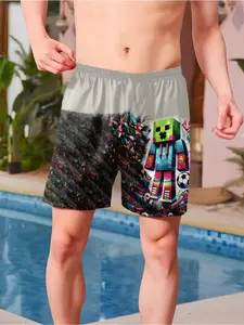Boys' Building Block Cartoon Beach Shorts, Fun Game Elements, Trendy Little Player, Casual Fitted Boxers/trunks, All Seasons