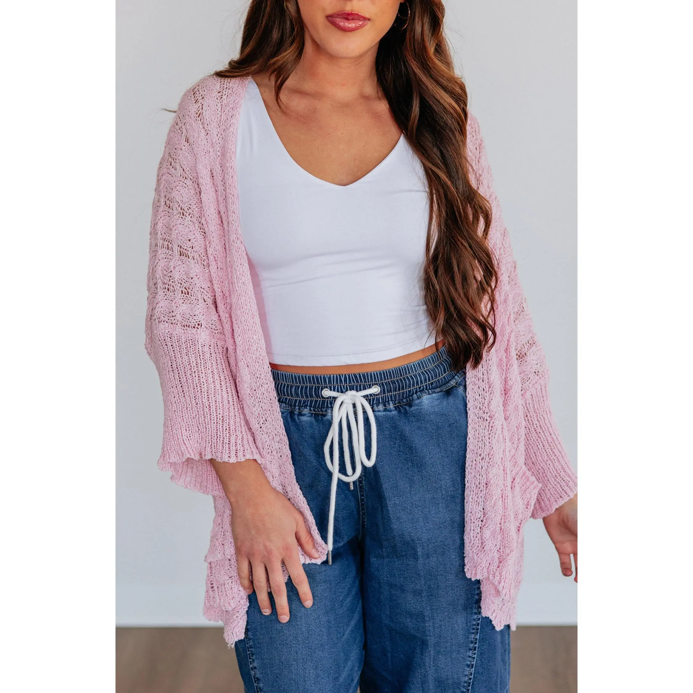 Women's Old Rose Drop-Shoulder Crochet Knit Open-Front Cardigan, Lady's Casual Knitwear Tops