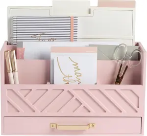 Pink Wooden Desk Organizer with Storage Drawer and  Handle  Cute Office Supplies Holder  Mail Storage for Desktop at Home, Office, or Workspace