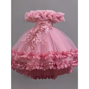 Elegant Sleeveless Princess Dress for Girls - Summer Gown with High-Low Hem, Floral Appliques & Belt Detail, Breathable Polyester Blend