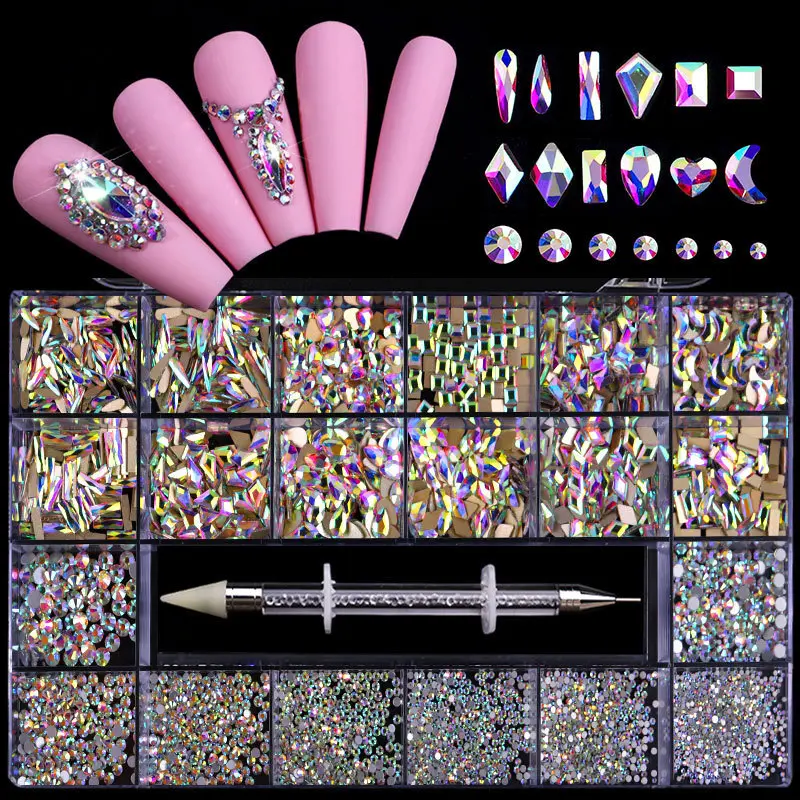 12 Types of 600 Crystal AB Diamonds + 2500 Flat Rhinestones Mix 20 Styles Flatback DIY Crafts Rhinestone Crystals 3D Ornaments Flat Back Stones Set + Tweezers + Drill Pen