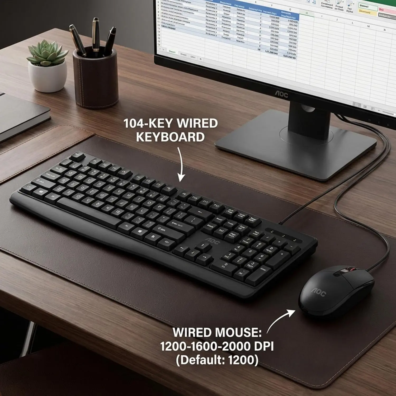 AOC Cost-Effective Wired Numpad+Mouse & Keyboard Combo - Full-Size Keyboard, 10M Keystroke Lifespan, Ergonomic Grip Mouse, Plug & Play, 3-Level DPI, Stable, Durable, Ideal for Office Work & Learning, Fullsize