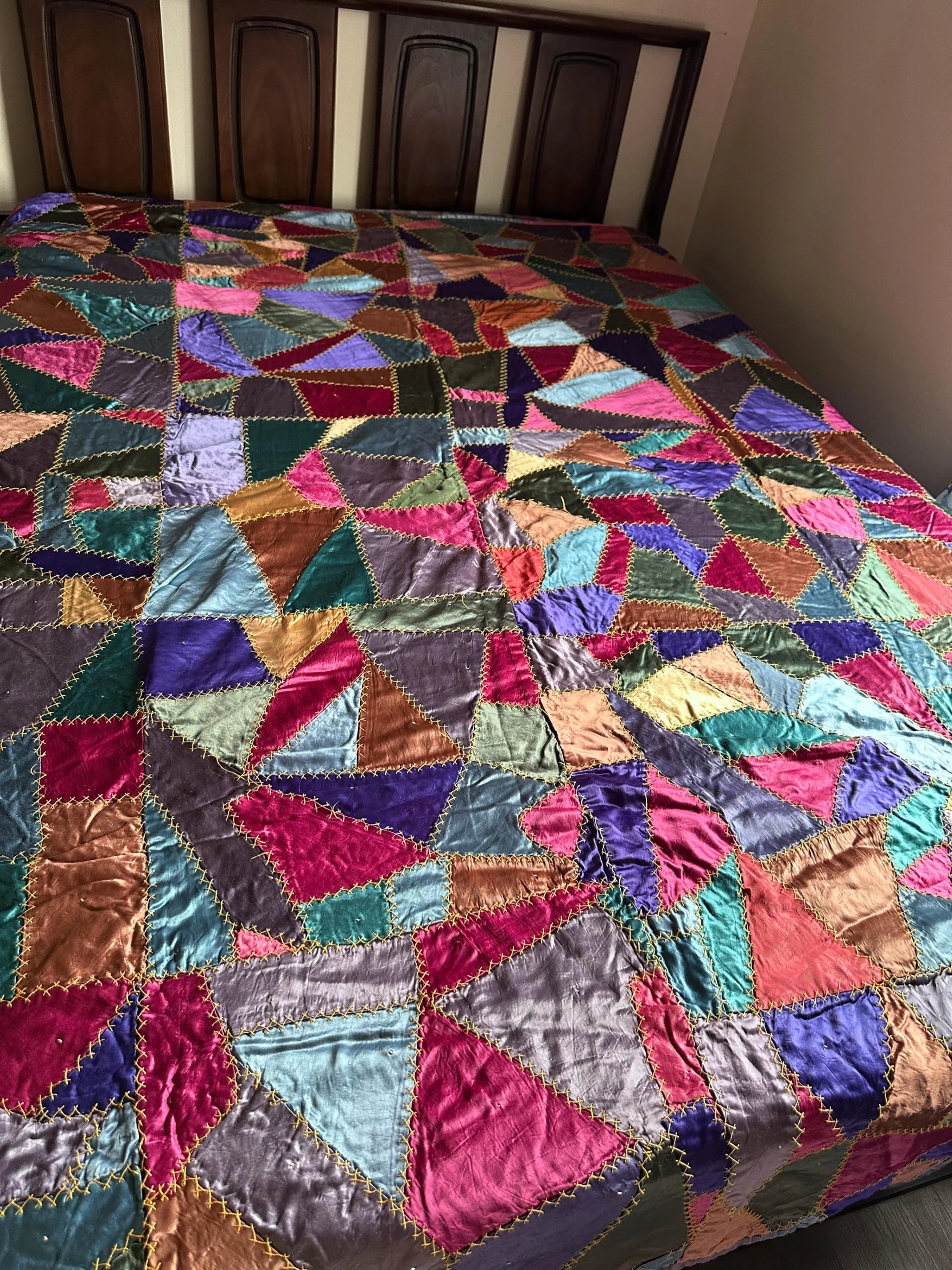 Antique Victorian Satin Crazy Quilt | Handcrafted Patchwork Quilt | Turkey Stitch Embroidery | Vibrant Silk Patches | 80” x 66”