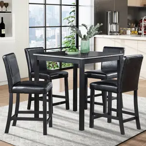5 Piece Counter Height Table Set, Wooden Kitchen Table Set with Square Table and 4 Upholstered Chairs, Counter Height Dining Table with Crystal Decoration and Chair Set for Kitchen, Dining Room,Black (High end and high-quality)