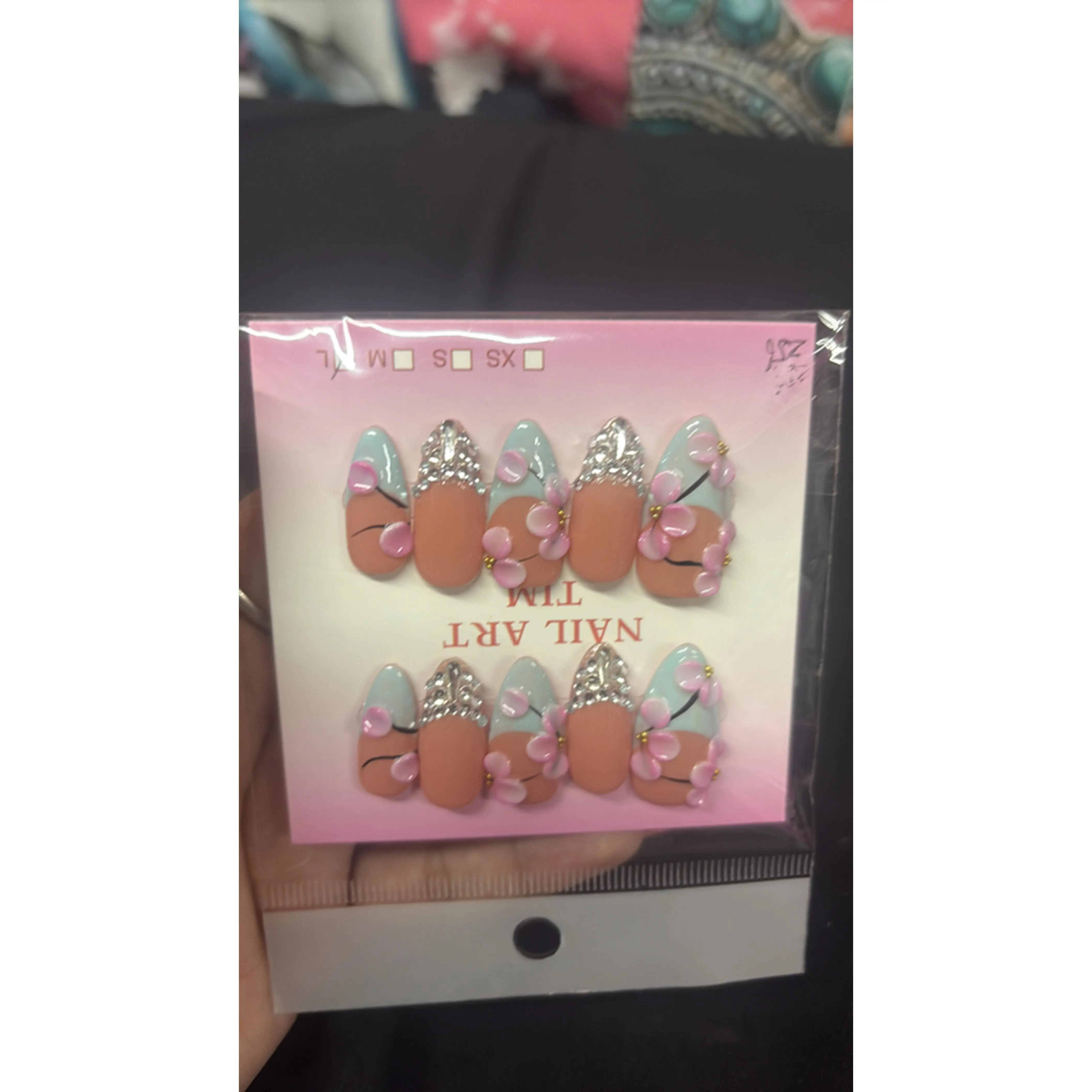 Large Teal Almond French Tips Nail Art with Pink Flowers and Rhinestones