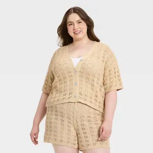 Women's Short Sleeve Cardigan Sweater - Universal Thread Tan 2X