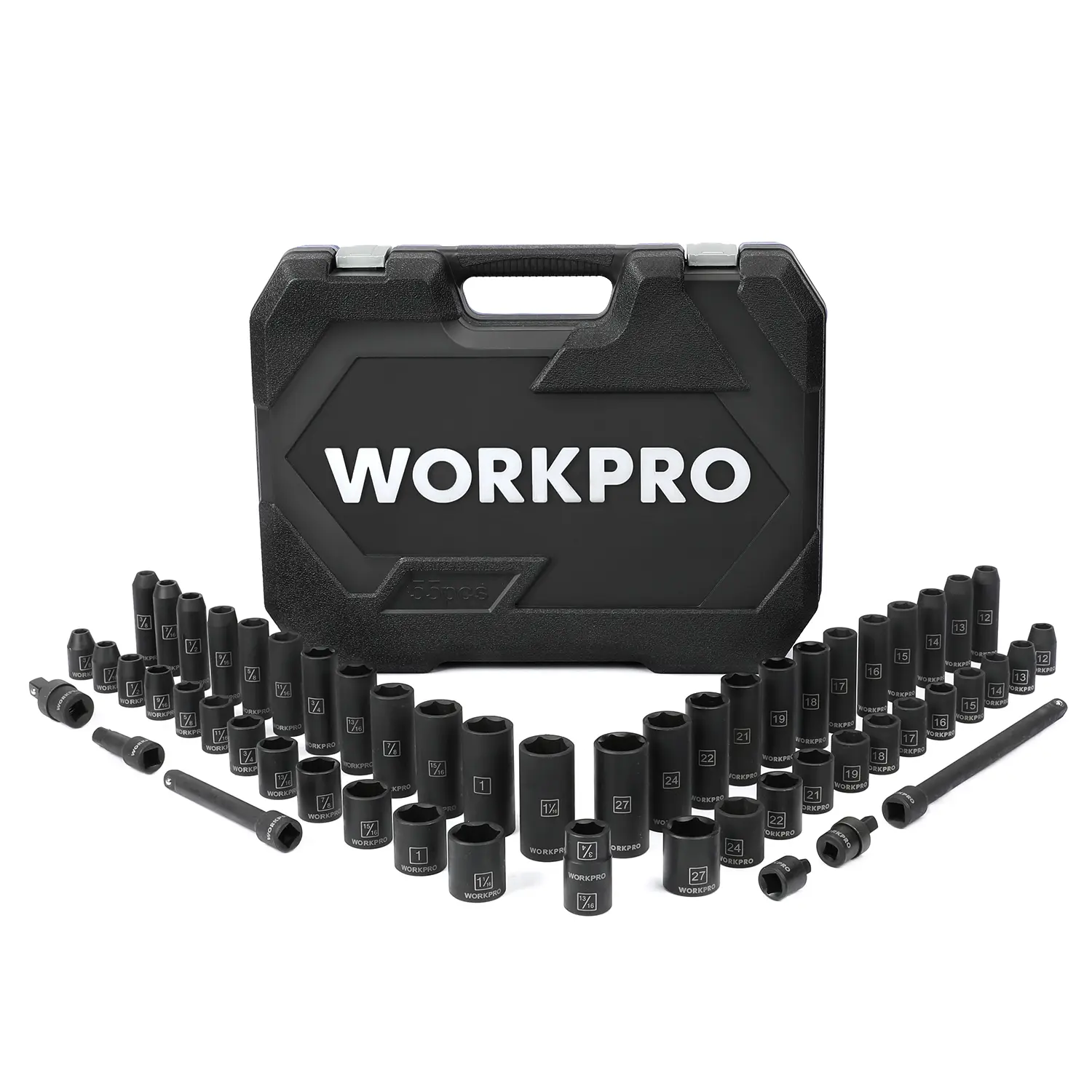 #toolupgrade WORKPRO 1/2" Drive Impact Socket Set with Extension Bars, Premium Cr-V Steel, Complete 55-Pack, SAE and Metric Sockets with Enhanced Storage Case