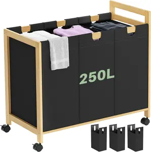 250L Laundry Sorter Cart with Wheels, 3-Section Rolling Laundry Basket with Removable Bags, 66 Gal Large Laundry Hamper Organizer, Duty Bamboo Frame,-Resistant, Black