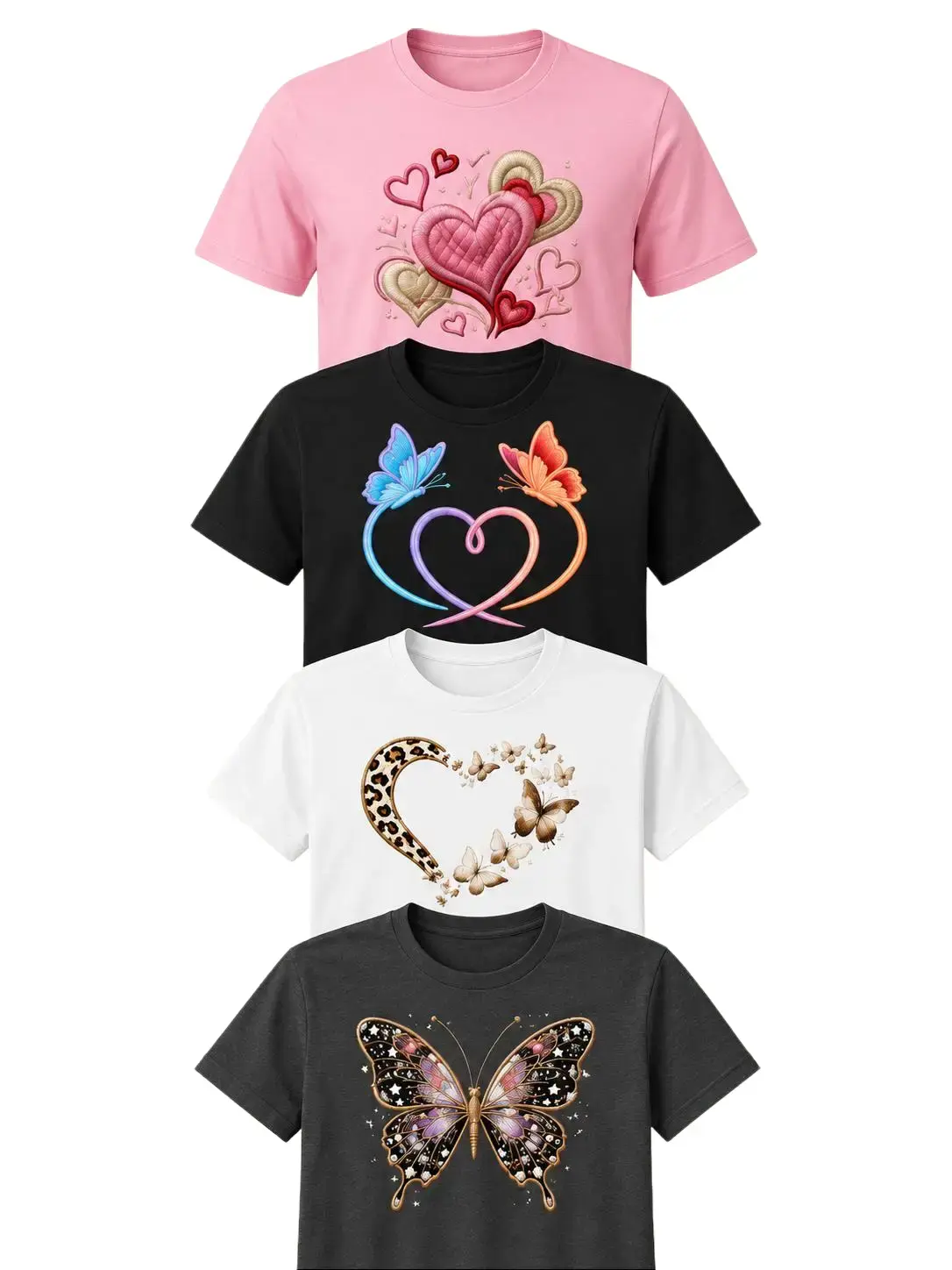 Women's 4-Pack Oversize Short-Sleeve Round Neck Graphic T-Shirts - Fitted Feminine Everyday Casual Streetwear Tops with Butterfly and Heart Designs