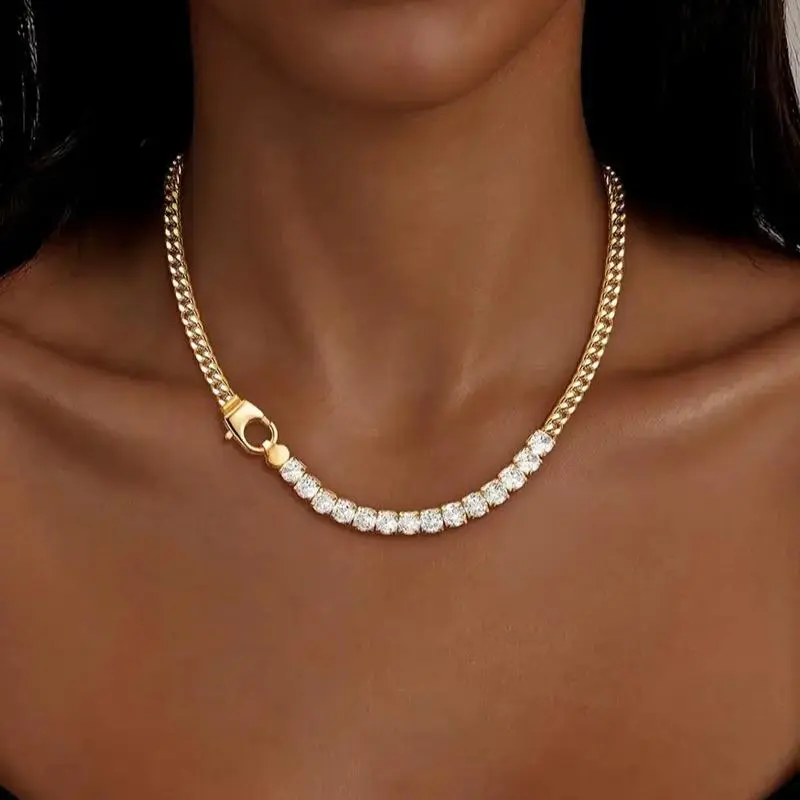 Women's Gold-Metal Coated Cuban Link Chain Necklace with Sparkling Rhinestone Accents, Luxury Look Party Wear Costume Jewelry Accessory, Gold Cuban Chain, Metal Coating, Short Neckline, Unisex Fit