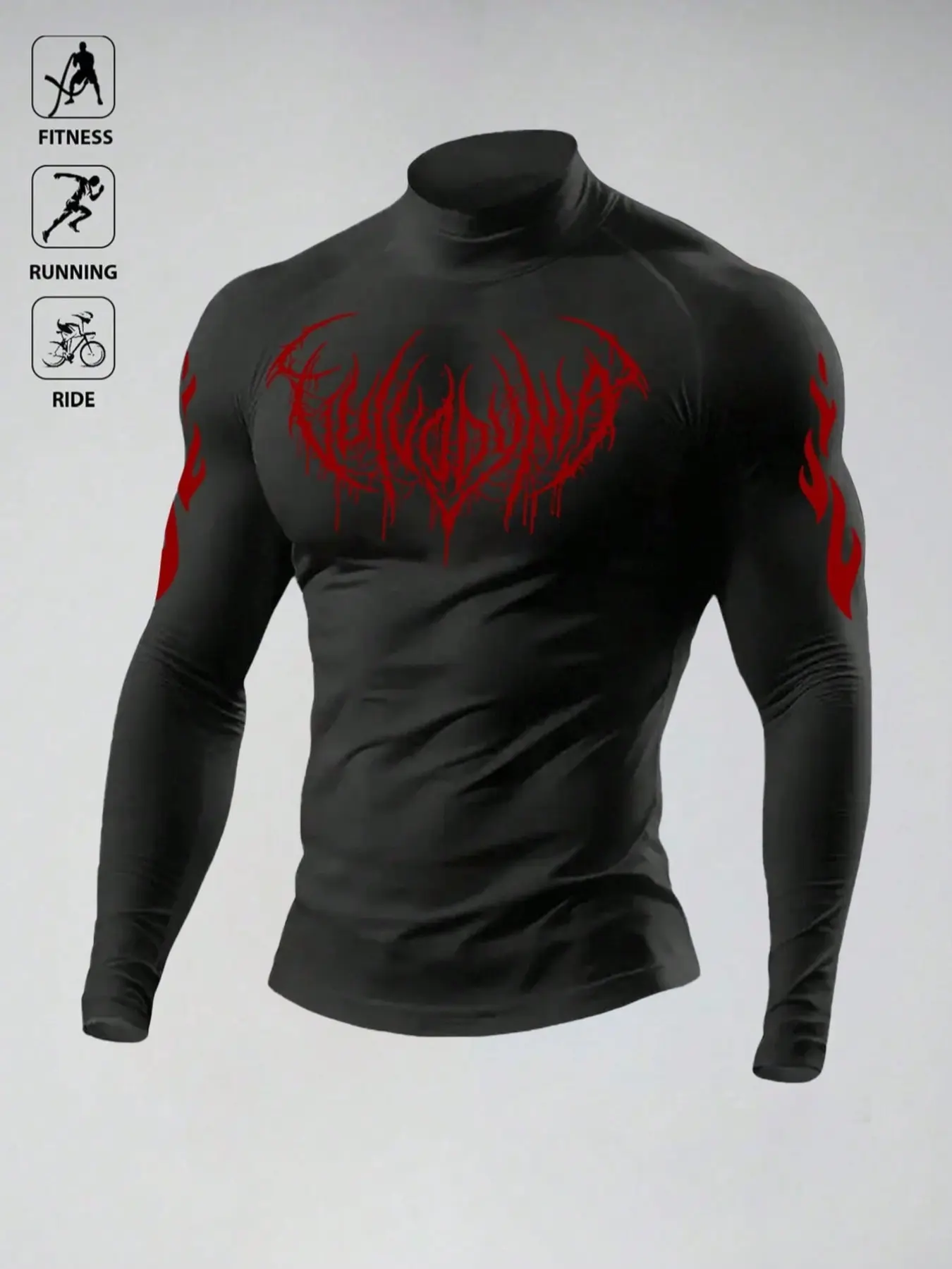 Men's Compression Workout Rash Guard, Rashguards, High Neck Long Sleeve, Graphic, 4-Way Stretch, Quick Dry, Ideal for Fitness, Running, Riding, Training, All Seasons