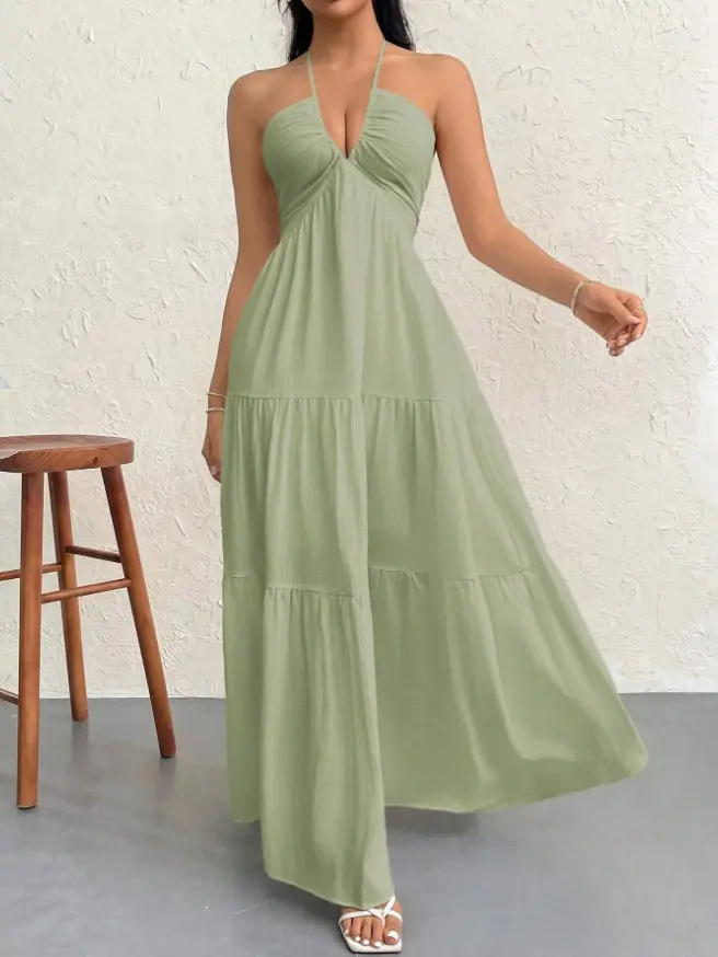 ROSEMUSE Women's Feminine V-Neck Cotton Dress, Sleeveless Backless Style for Summer Holiday, Breathable and Comfortable