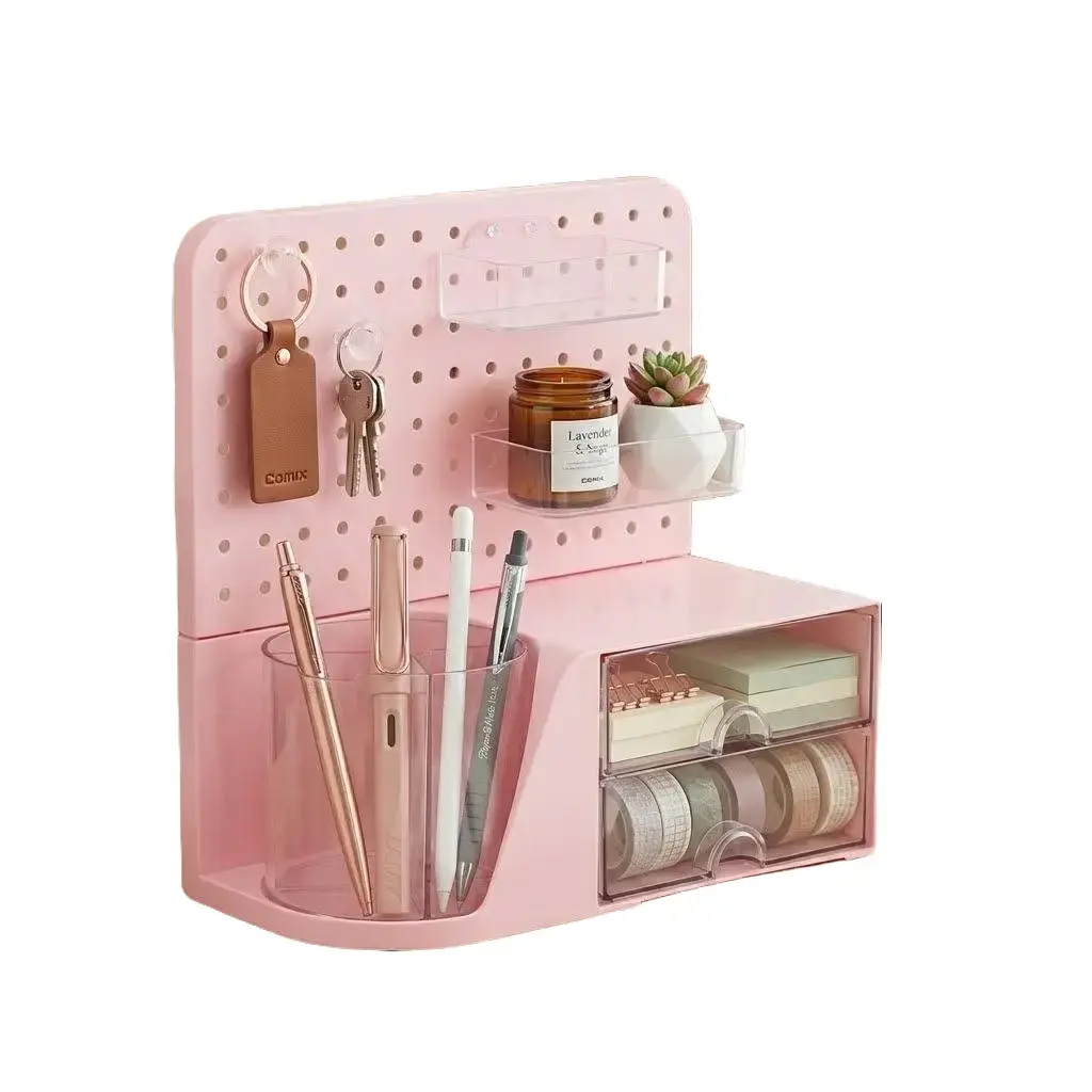 【Back To School】Comix Desk Organizer with Drawer, 360° Rotating Pen Holder for Desk, Pen Organizer with 5 Slots Pencil Holder+Pegboard+2 Drawer for Office Home Art Supplies